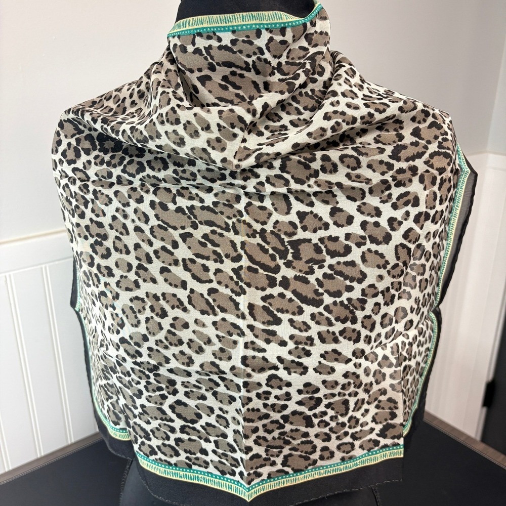 Liz Claiborne Leopard Print Square Scarf Black Teal Border Animal Print 19x19